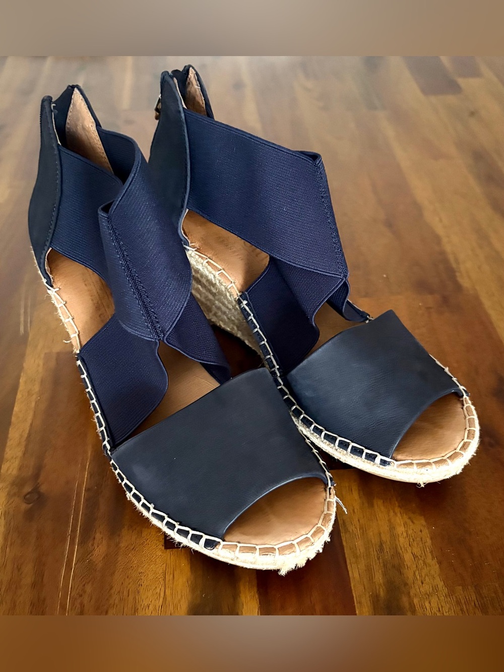 Gentle souls  Navy Espadrille Wedge Sandals genuine leather. Vacation/summer.